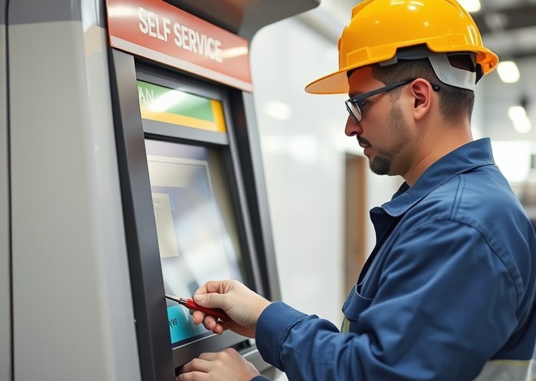 Equipo técnico trabajando sobre un terminal de autoservicio