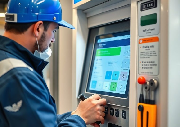 Técnico realizando el mantenimiento de un terminal de autoservicio