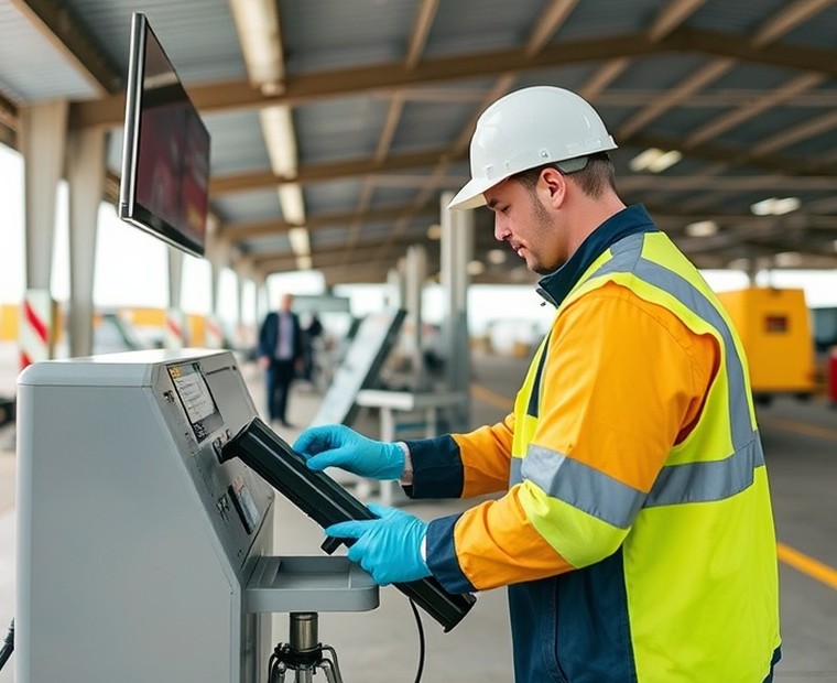 Técnico realizando el mantenimiento de un terminal de autoservicio